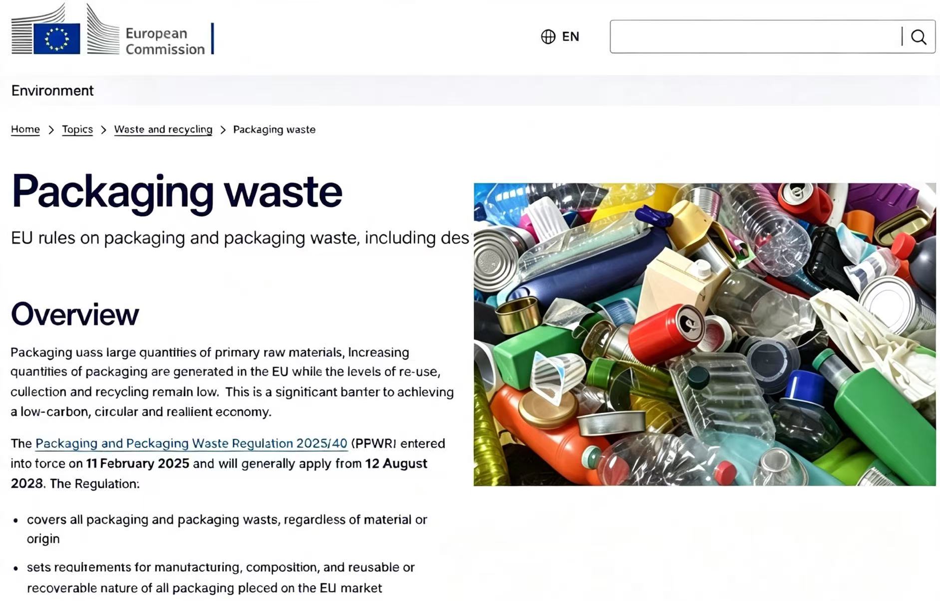 European Commission overview page for packaging waste and PPWR