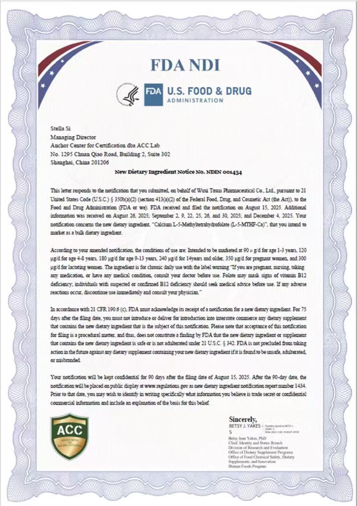 FDA NDI related document for Calcium L-5-Methyltetrahydrofolate