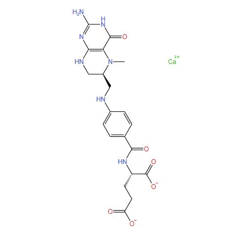 Molecular structure of L-5-Methyltetrahydrofolate Calcium