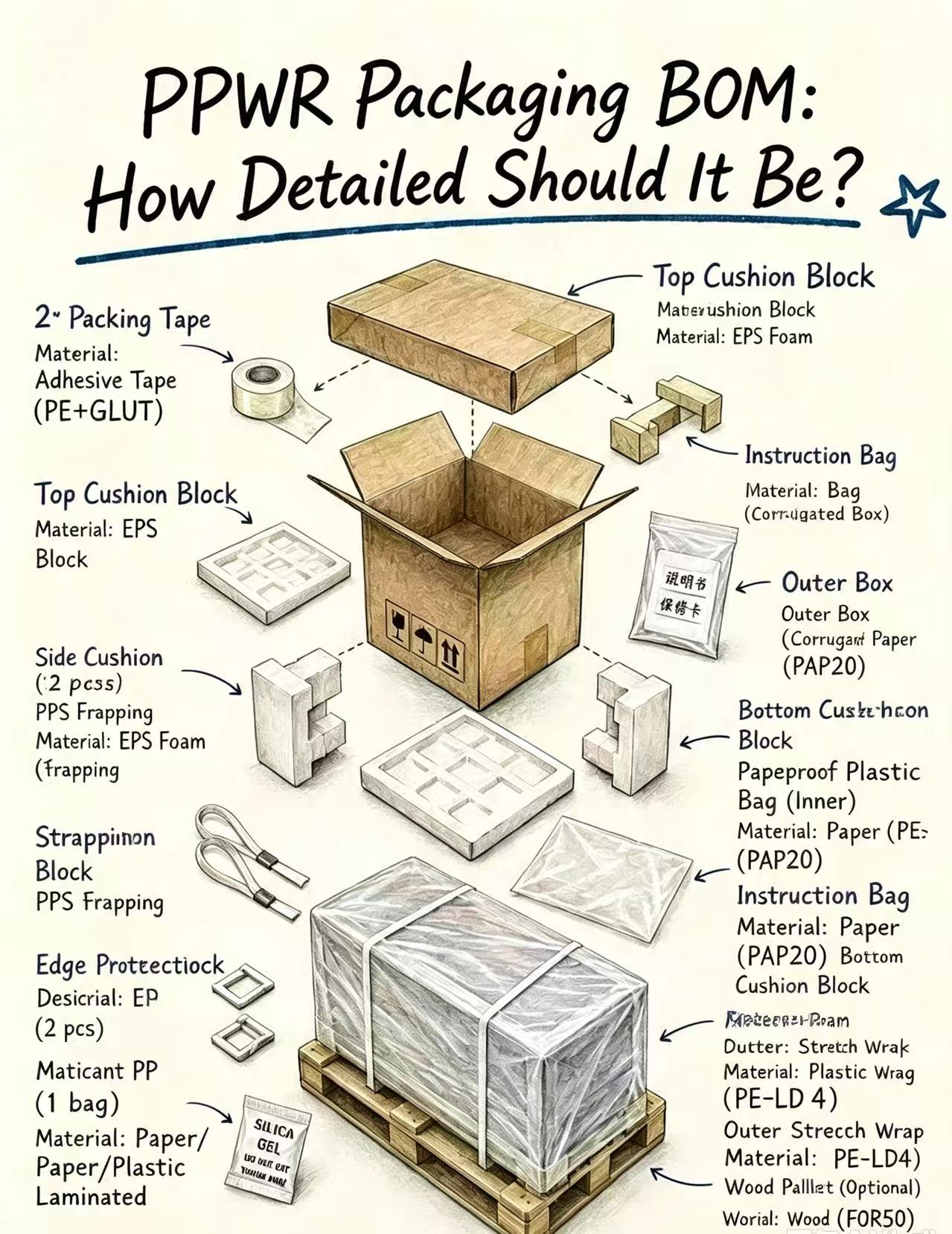 Illustrative exploded packaging BOM showing a box, cushioning, film and pallet