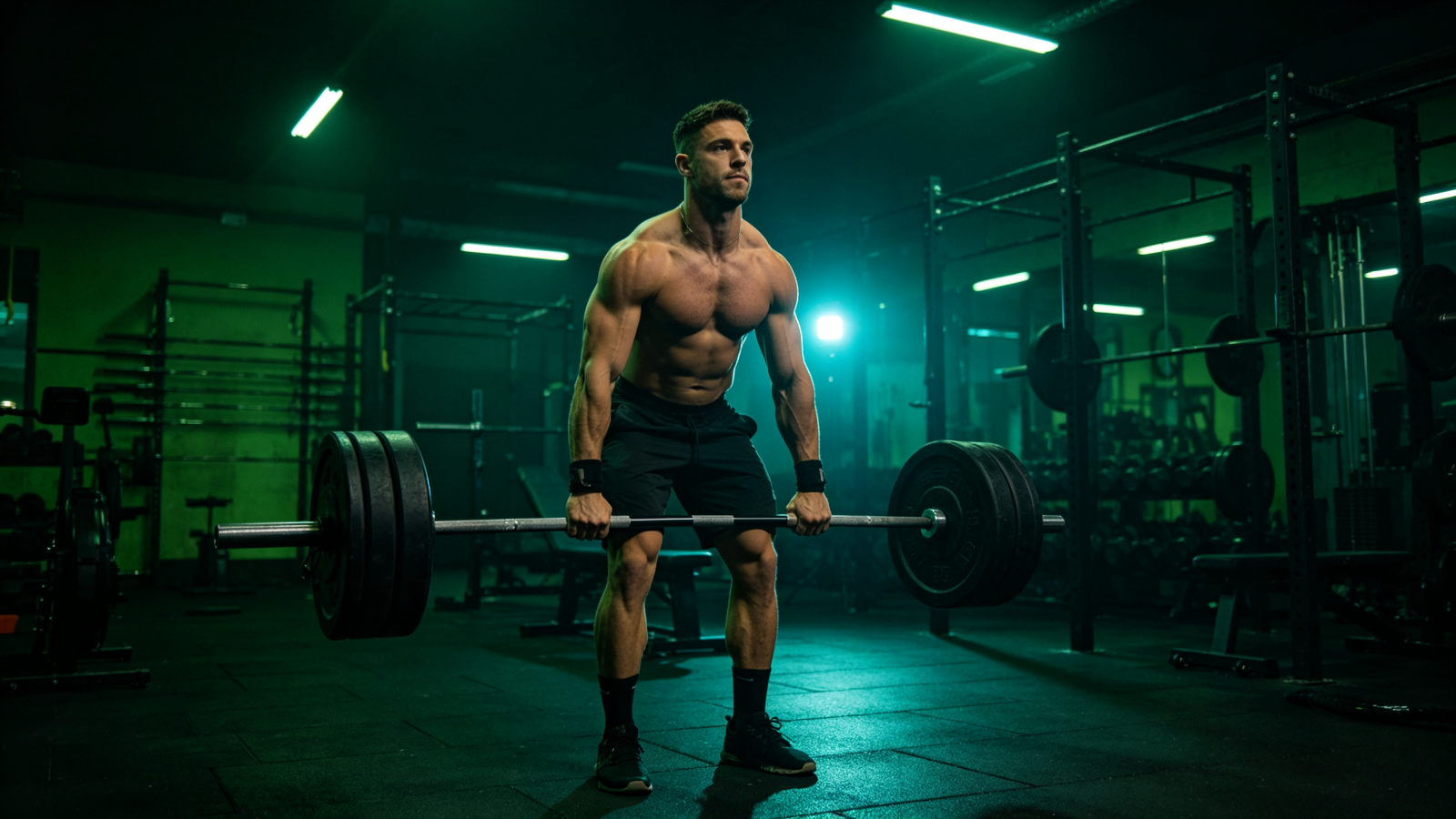 Athlete lifting a heavy barbell in a modern gym